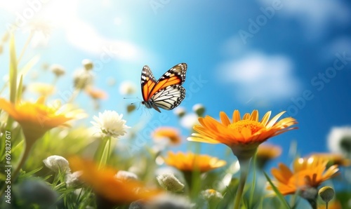 Vibrant Meadow Symphony: Realistic Yellow and White Flowers, Orange Butterfly Alights in Nature's Ballet