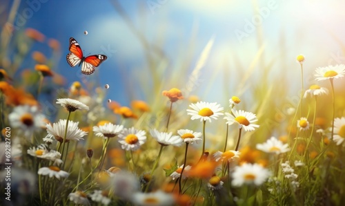 Vibrant Meadow Symphony: Realistic Yellow and White Flowers, Orange Butterfly Alights in Nature's Ballet © hisilly