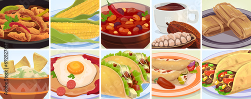 Tex mex mexican cuisine food and drink collage. Meal of Mexico, vector taco, burrito, chili beans and corn, fajitas, huevos rancheros, enchiladas, nacho and guacamole, hot chocolate and tamale dessert