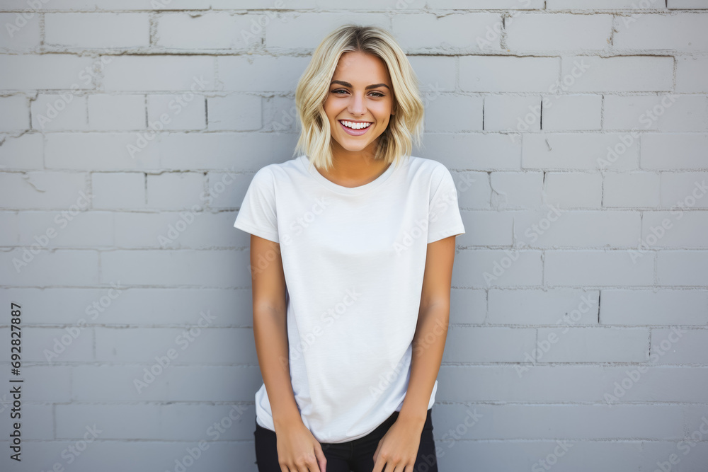 Portrait of a smiling young woman standing against a white brick wall - obrazy, fototapety, plakaty 