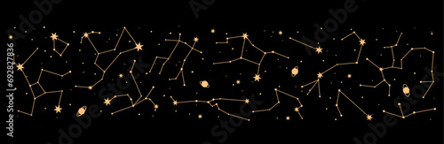 Star constellation. Night sky map, mystic astrology border. Milky Way galaxy celestial panorama wallpaper, space star constellation border or astronomy planetarium night sky map vector pattern photo