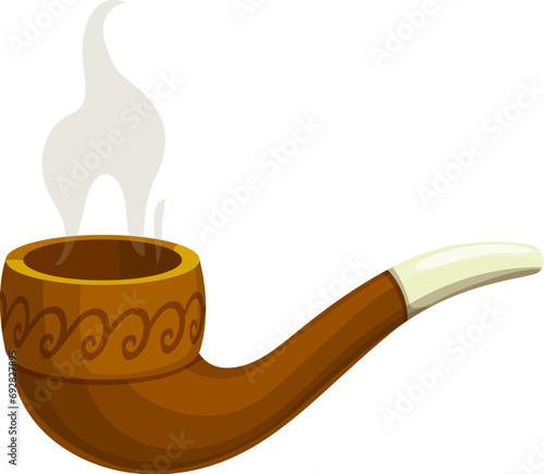 Cartoon steaming smoking pipe. Isolated vector ancient wooden device used for inhaling tobacco or other substances, consists of a bowl for the substance, a stem, and a mouthpiece for smoking