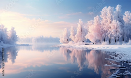 winter landscape with beautiful reflection in the water