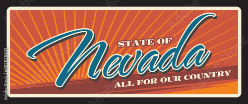 Nevada United States sign, vintage travel plate. Carson City capital, Las Vegas billboard. Vector american state travel and tourism destination, all for our country greeting banner and postcard design