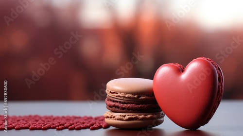 One red heart shaped macaron on red background. Generative AI. photo