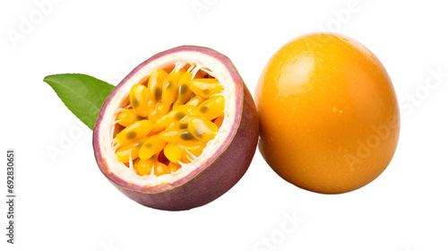 Isolated passionfruits. One and a half passion fruits (maracuya) isolated on white background