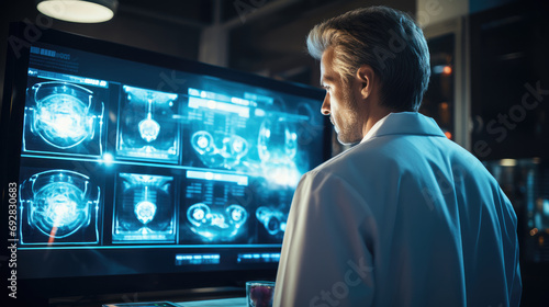 Doctor looks at TV Screen with MRI Scan result, Medical Science Hospital. Generative AI.