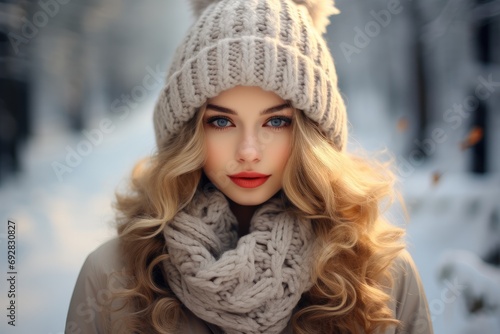 A woman wearing a cozy knitted hat and scarf in a winter setting. Generative AI.