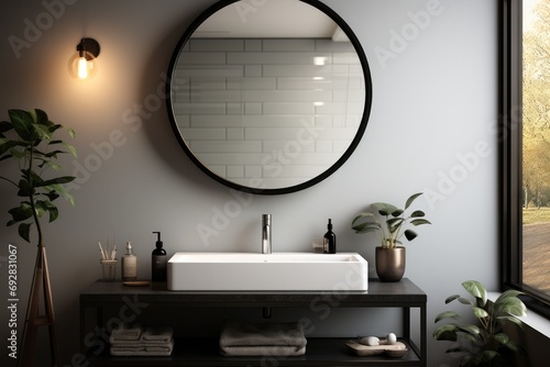 The mirror above the washbasin in the bathroom is round with a black frame. Generative AI. photo