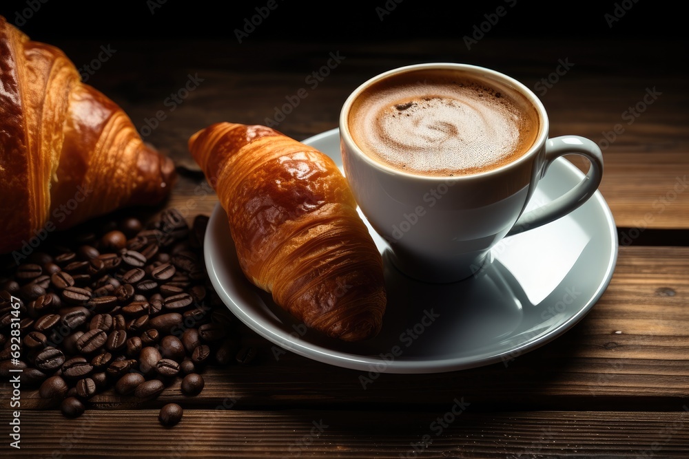 Coffee cup with croissant for breakfast on a dark wooden table, Top view. Generative AI. Coffee cup with croissant for breakfast on a dark wooden table, Top view. Generative AI.