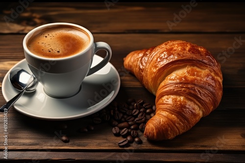 Coffee cup with croissant for breakfast on a dark wooden table, Top view. Generative AI.