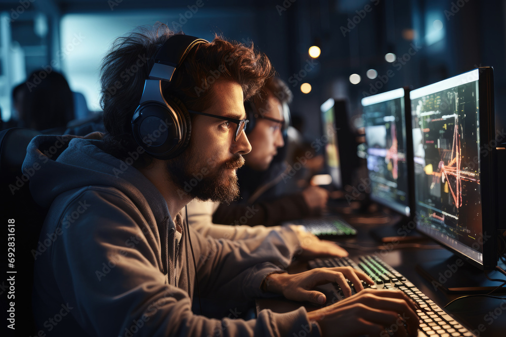 Professional animator working on a computer wearing a headset while on ...