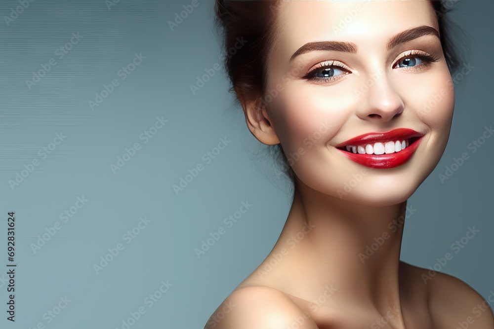 Fototapeta premium teeth white clean skin perfect woman Young smile closeup skincare facial shoulder model natural attractive brown wellness people 1 caucasian female fashion portrait eye cute lip healthy girl care