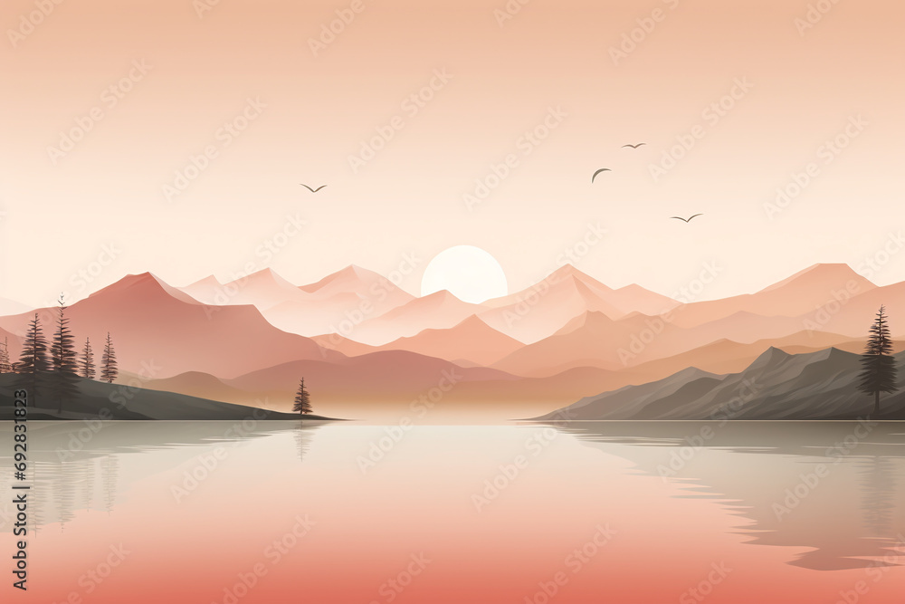 Minimalist  peach fuzz mountain range with a tranquil lake below