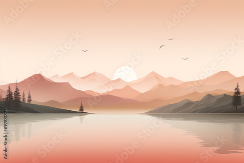 Minimalist  peach fuzz mountain range with a tranquil lake below photo