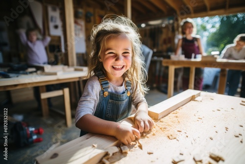 Joyful Young Girl Woodworking in a Sunlit Workshop
 photo