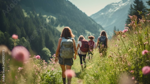 a pleasant summer hike, happy teenage girls walking along a mountain path colored with wildflowers with friends. A beautiful forest landscape. generative AI