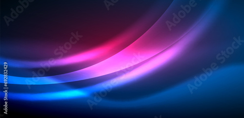 Dynamic waves in ethereal glow of neon lights. Concept merges fluidity of motion with vibrant allure of neon, crafting entrancing backdrop that embodies both vitality and futuristic sophistication