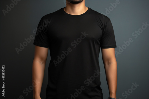 Man wearing black t shirt with dark backdrop generative by ai