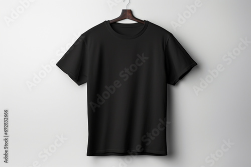 Black color t shirt hanged on hanger with clean backdrop generative by ai