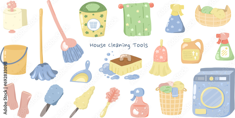 Set of House cleaning tools Clipart elements Hand drawn illustration Set of House cleaning tools Clipart elements Hand drawn illustration