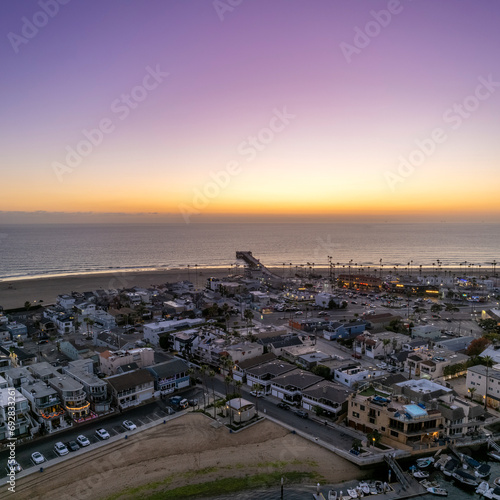 Aerial view of Newport Beach coastline at sunset