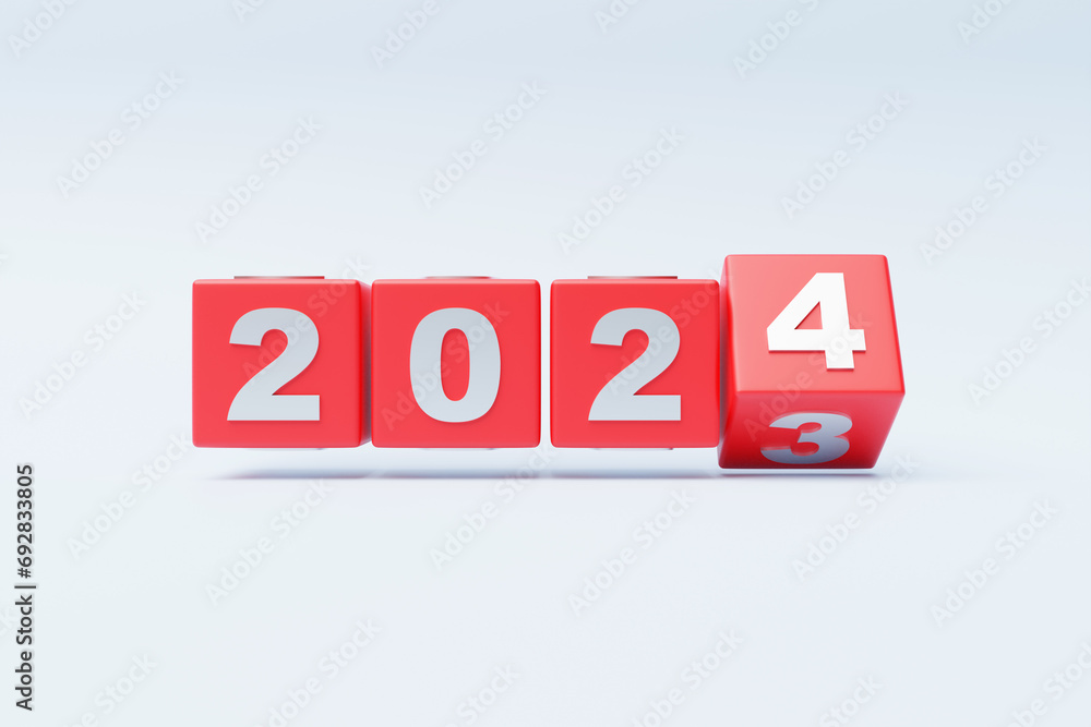 2024 new year card with 3d realistic year number on white background. 3D illustration. Volumetric figures 2024 at an angle, space for text for New Year's greetings, New Year's corporate banner 2024 new year card with 3d realistic year number on white background. 3D illustration. Volumetric figures 2024 at an angle, space for text for New Year's greetings, New Year's corporate banner