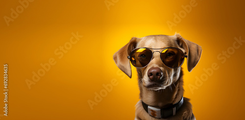 Dog with glasses on yellow background with empty space generated AI