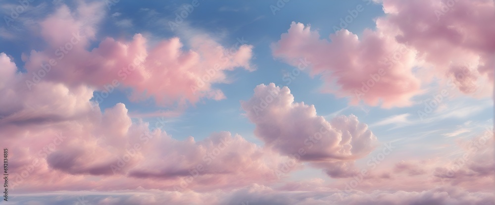 Beautiful background image of a romantic blue sky with soft fluffy pink clouds. Panoramic natural view of a dreamy sky. - obrazy, fototapety, plakaty 