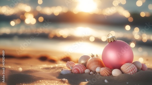 pink christmas ball decoration on the beach photo