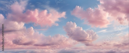 Beautiful background image of a romantic blue sky with soft fluffy pink clouds. Panoramic natural view of a dreamy sky. photo