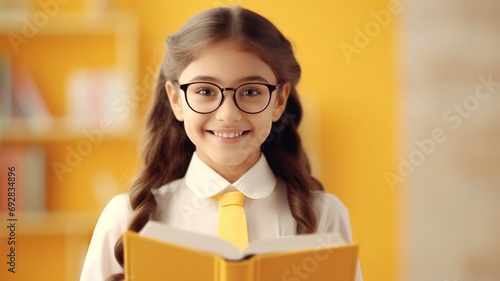 Close up smiling schoolgirl girl holding book going to school, one color background, copy space, generative ai