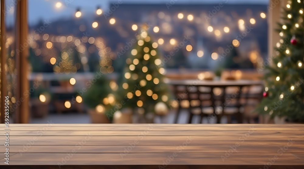 Empty wood table top on terrasse with blurred christmas tree, lights and garden view with copy space