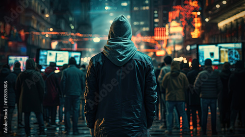 back view on a man with hood standing on a street of a big city