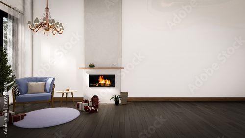 single chair on corner of living room with floor, fire place chrismast vibes  photo