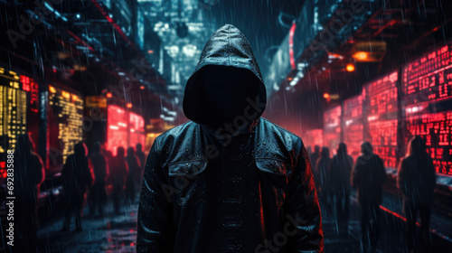 A man with a hood on his head hides his face and stands on a street of a big city at night photo