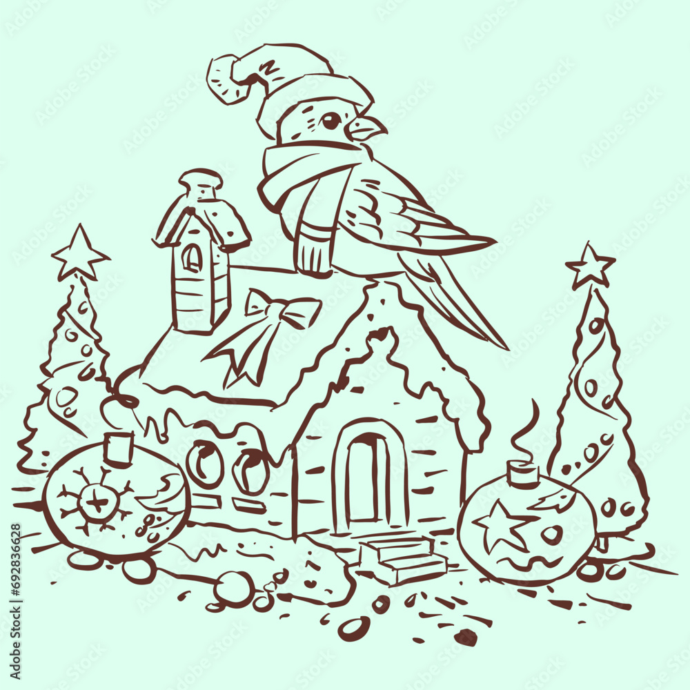 Santa bird and Christmas tree vector for card decoration illustration