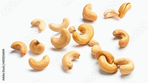 Falling cashew nuts isolated on transparent or white background. Roasted cashew nuts fall on a pile on a black and white background.