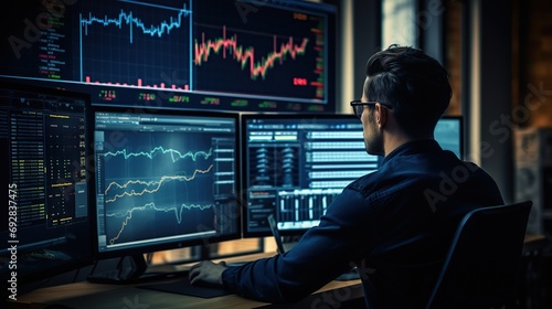 Finance trade manager analyzing stock market indicators for best investment strategy, financial data and charts, digital with multiple monitor background. photo