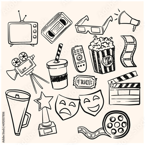 A collection of illustrations related to cinema and films with doodle line art style and cream background