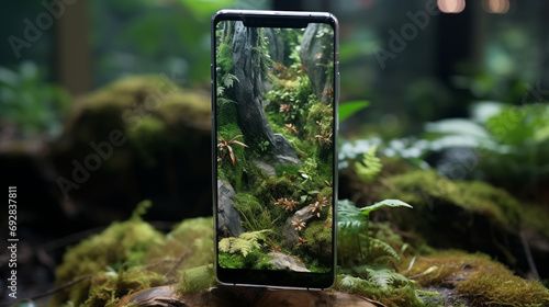 Forest-bound Smartphone Screen. Generative AI.