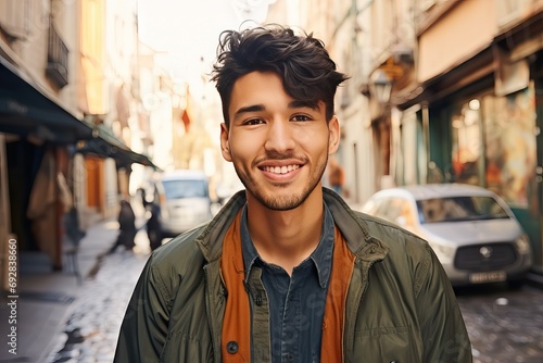 city walking happy smiling man latin Young adult attractive background beard casual attire cheerful confident cool enjoy expression face fashion fun guy photogenic happiness healthy hispanic photo