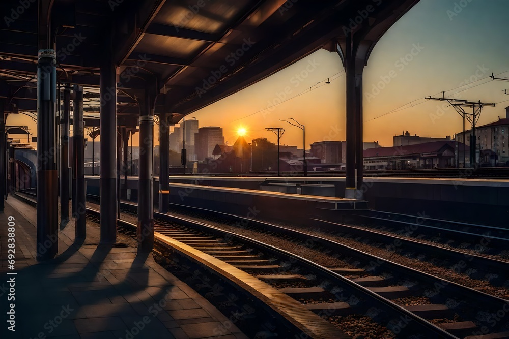 empty railroad station platform in city during sunset.