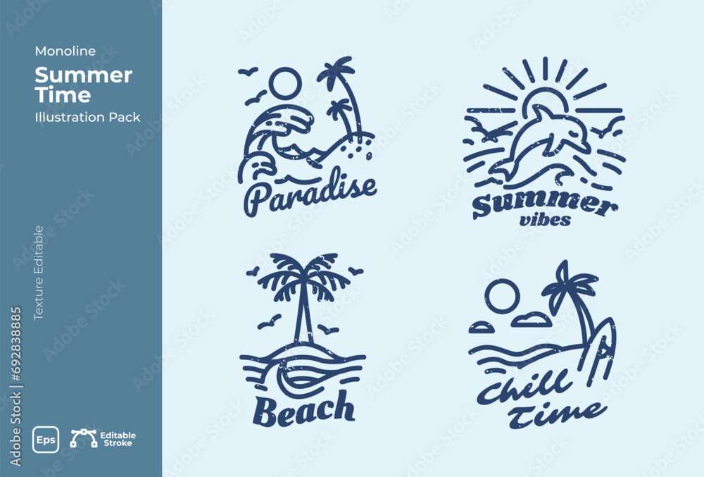 Monoline badges Abstract design summer logo template with palm trees, dolphin, and sun. Modern minimal linear badge and emblem set. Surfing Beach monoline. Monoline badges Abstract design summer logo template with palm trees, dolphin, and sun. Modern minimal linear badge and emblem set. Surfing Beach monoline.