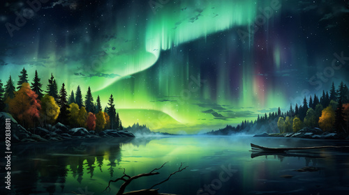 A beautiful aurora bore over a lake with a forest in night 