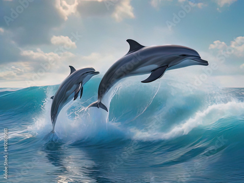 dolphins jumping out of the water in the ocean