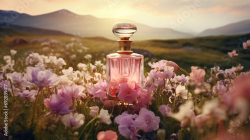 A bottle of perfume sitting on top of a field of flowers