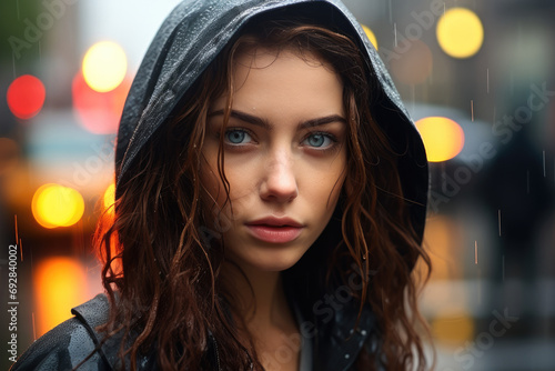 Portrait of a beautiful girl standing in the rain on a street with a blurred background. Generative AI.