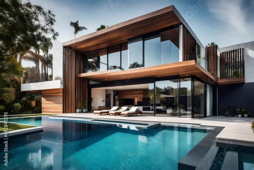 beautiful modern design architecture images of home with pool. generative al. 