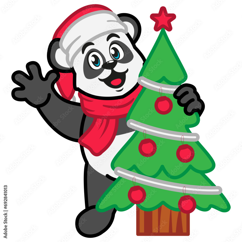 Panda in Santa Claus hat and scarf decorating a Christmas tree Panda in Santa Claus hat and scarf decorating a Christmas tree